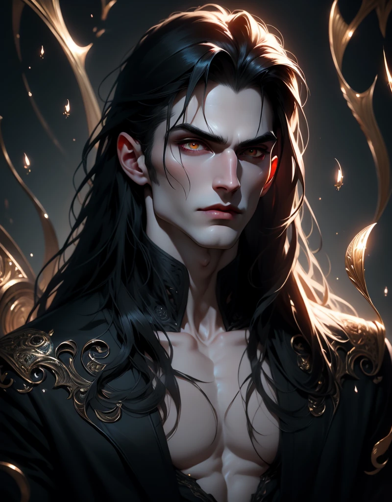 {anatomy}(Masterpiece - Ultra-detailed, very high resolution) Prepare to be enchanted by a true masterpiece that combines ultra-detailed art with high-resolution rendering. This work portrays a vampire man with long black hair (1.3) and captivating golden eyes (1.2), emanating an aura of mystery in decadent settings. The intricate details and realistic textures invite you to explore every aspect of this enchanting composition. Vampire man wearing black. Serious expressions. Pale skin like a vampire.