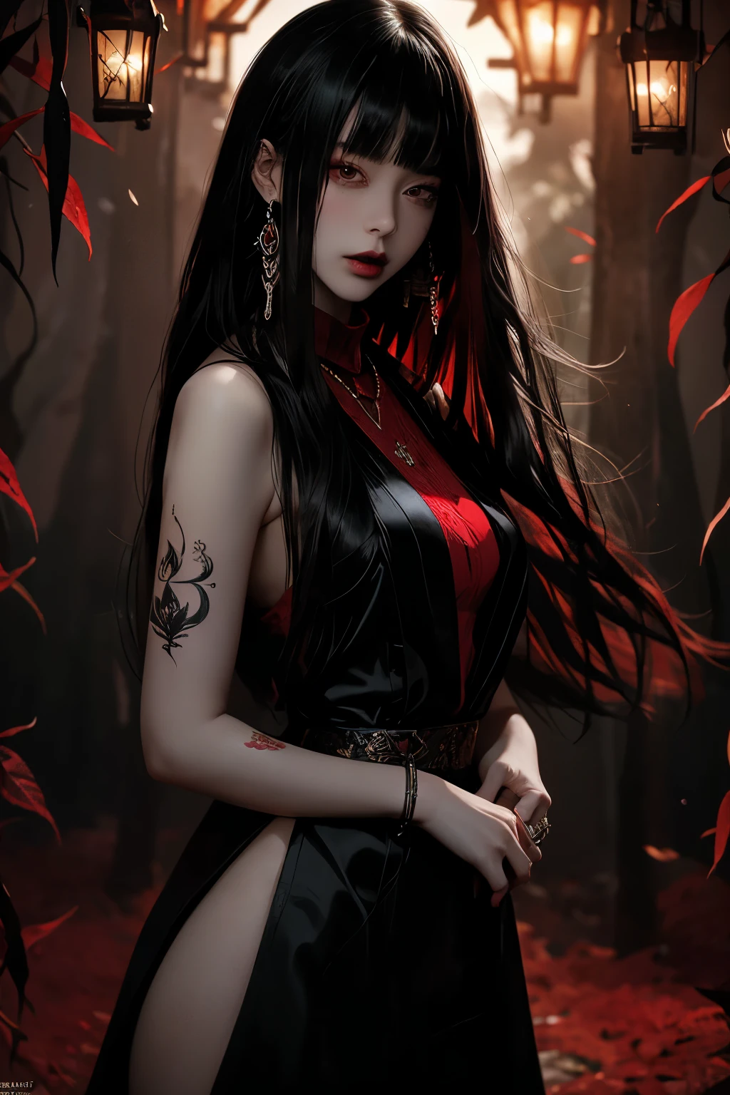 "Transport yourself to a world of fantasy and wonder with this visually striking digital artwork. A mysterious woman with long red hair and a captivating black outfit stands amidst a lush forest, her body adorned with intricate tattoos that seem to come to life under the glowing sun."