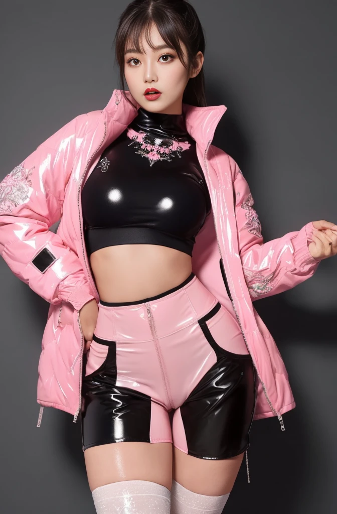 crotch seam:2.0 puffy croch1.8 (best quality, latex loincloth :1.2~1.7 )),(( midriff pink twe-tone line jacket))) ((High Detail shiny pink-white latex midriff puffer down jacket )), ((hyperdetailed grossy clothing:1.8 ))(intricate thigh high pantyhose),((ultra high detail pink twe tone highleg skimpy shorts:1.2~1.7 ))masterpiece:1.5),(intricate thigh high),((ultra high detail low leg micro ,((low leg skimpy low-waist shorts2.0)) 