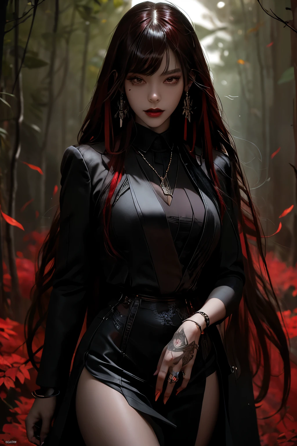 "Transport yourself to a world of fantasy and wonder with this visually striking digital artwork. A mysterious woman with long red hair and a captivating black outfit stands amidst a lush forest, her body adorned with intricate tattoos that seem to come to life under the glowing sun."