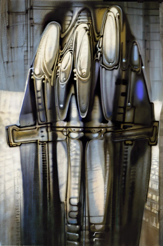Biomechanical Tableau in Gigeresque Style.
The image is a detailed view of H.R. Giger's \" Li II \" plate, featuring a complex network of bones and organs in a purple-brown hue ,swirling gray and brown colors. The artwork is silver and purplish brown, with an ivory bones prominently displayed. The image is highly detailed and intricate, almost like a 3d version of a medical diagram (detailed view of an anatomy model, possibly of a human body, with transparent organs and bones exposed)
The central feature of this artwork is a group of three alien figures positioned in the foreground. Emaciated and skeletal, with hollow eyes, they appear to be constructed from bone and metallic elements, a characteristic fusion of organic and mechanical forms found in Giger's biomechanical art. One figure sits in centre, while the other two flank it on either side, suggesting a hierarchy within the group. The background is a dark and limited space painted in a uniform red color. The only light source comes from a glowing object just below the frame, which the figures all gaze towards. This low-key lighting, with strong contrasts between light and dark, is another hallmark of Giger's style and adds to the overall sense of unease and mystery.
Receding into the distance are a series of arches and tunnels that hint at a larger biomechanical landscape, possibly the work of the creatures themselves.
Giger's signature artistic manner would be evident in every stroke. The airbrush would be wielded with masterful precision to create a hyperrealistic yet nightmarish aesthetic