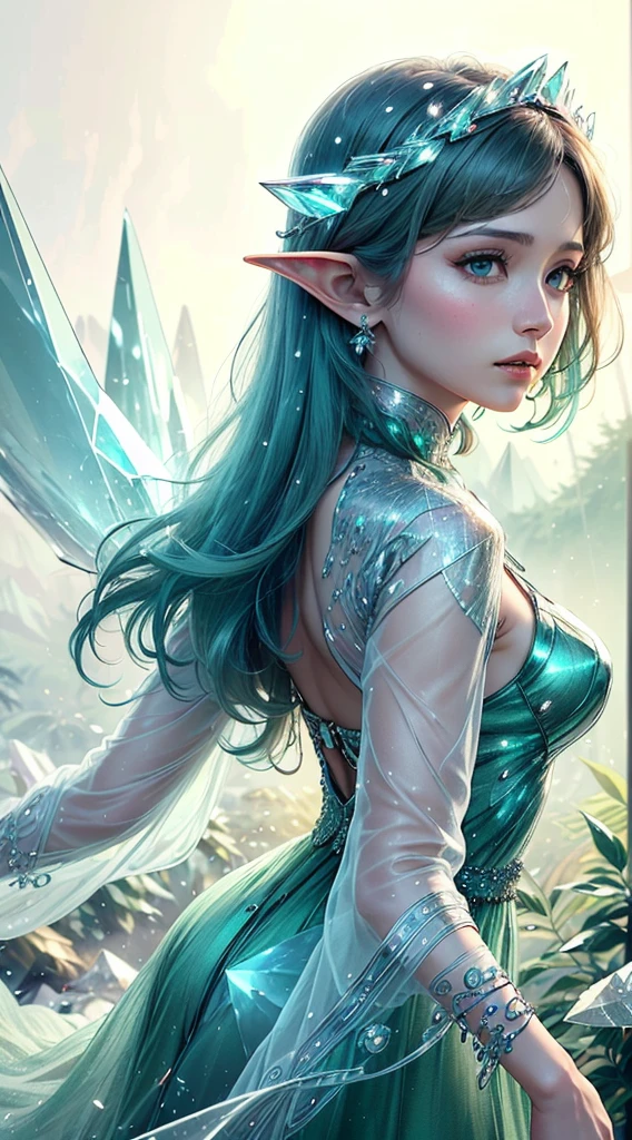 (Masterpiece, Top Quality, Best, Official Art, Beautiful and Aesthetic, Long Exposure: 1.2), Smooth Movement, Charming Patterns, 1 Girl, (Long Dress with Sleeves: 1.3), (((Green Clothes) )), upper body close-up, bare shoulders, Chinese girl, blush, black lob hair, portrait, solo, upper body, looking at the observer, detailed background, detailed face, (crystallineAI, crystalline theme:1.1), elemental wood elf, rotation foliage, control foliage, emerald clothing, dynamic pose, floating particles, ethereal dynamics, foliage, vapor, forest in the background, green tint, forest, ethereal atmosphere,