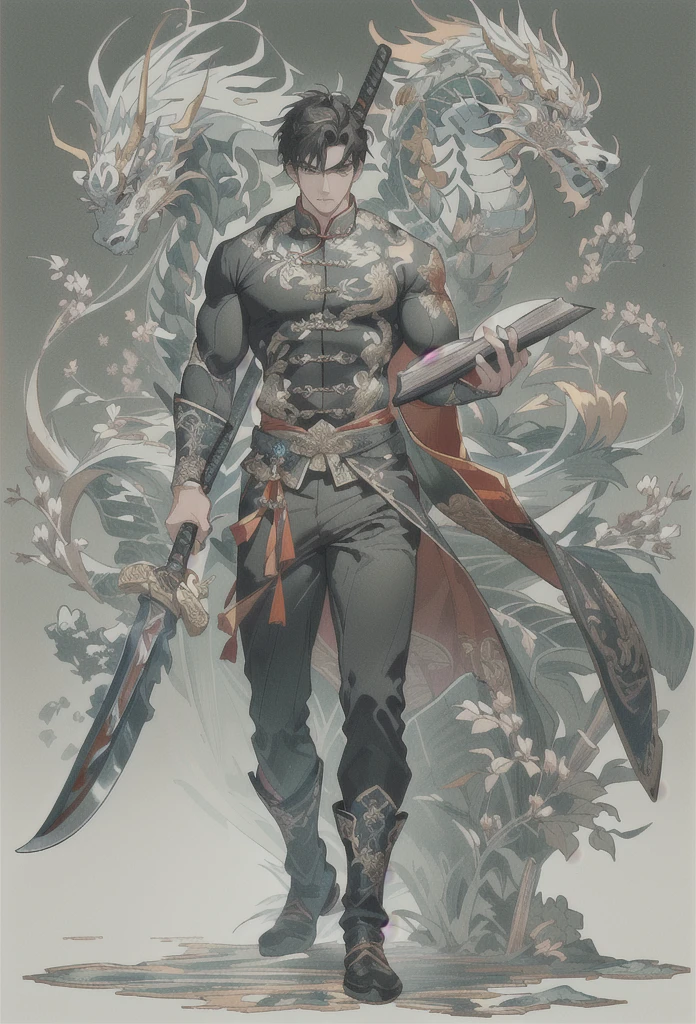 (Extremely complex and exquisite details,masterpiece,Highest quality,Full body picture of a strong, masculine and handsome man with short black hair,Modern sports tight clothing,Strong handsome masculine style,Holding a stick with a machete in his right hand,Holding book in left hand,Showing off muscles),correct anatomy,Very strong muscles,Exquisite Chinese dragon high contrast background,Broadsword