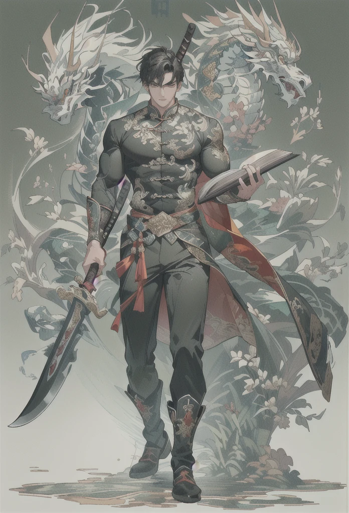(Extremely complex and exquisite details,masterpiece,Highest quality,Full body picture of a strong, masculine and handsome man with short black hair,Modern sports tight clothing,Strong handsome masculine style,Holding a stick with a machete in his right hand,Holding book in left hand,Showing off muscles),correct anatomy,Very strong muscles,Exquisite Chinese dragon high contrast background,Broadsword