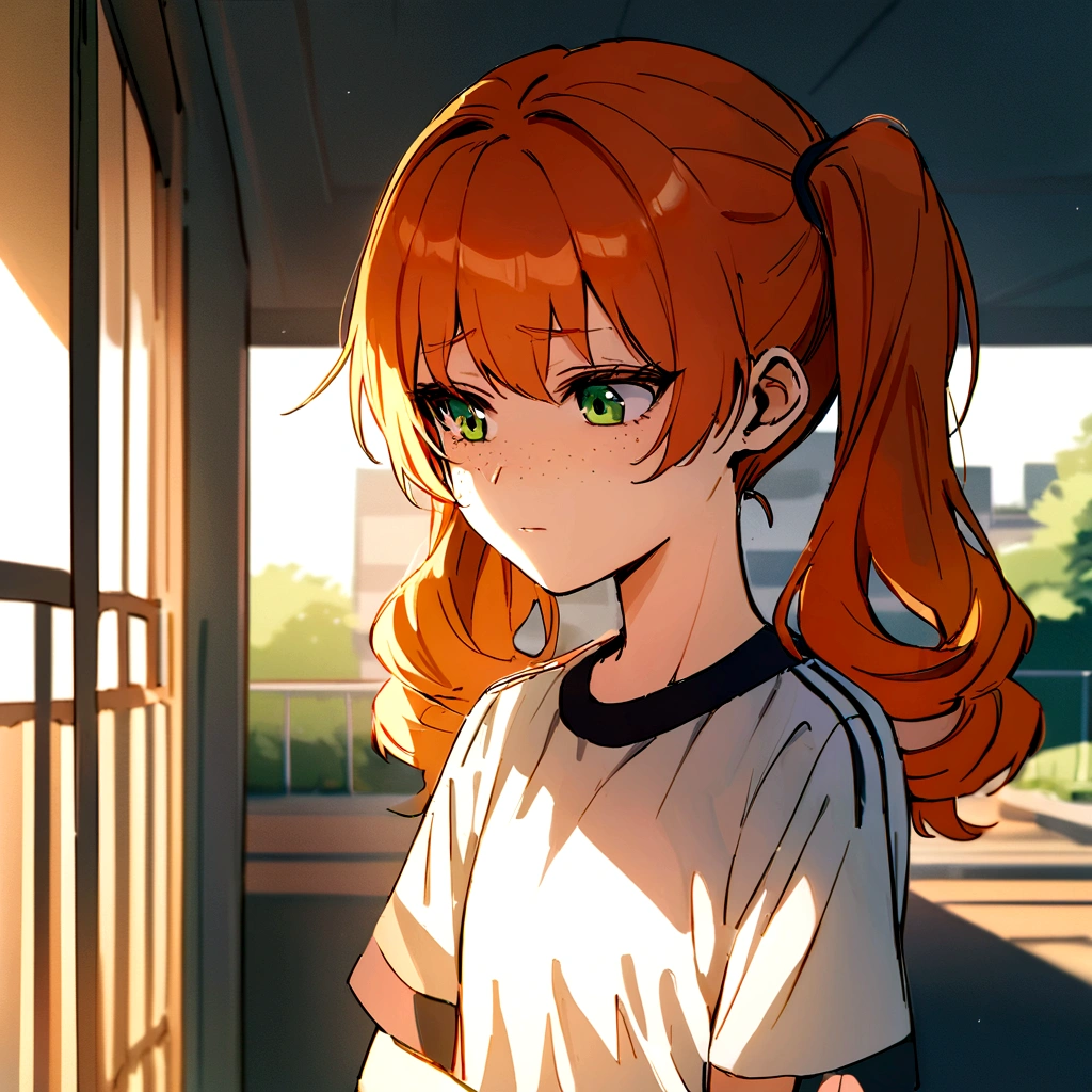 make me a girl, yo, sporty shirt and pants, shy face, orange long curly hair, green eyes, freckles, pigtails, school background scenery