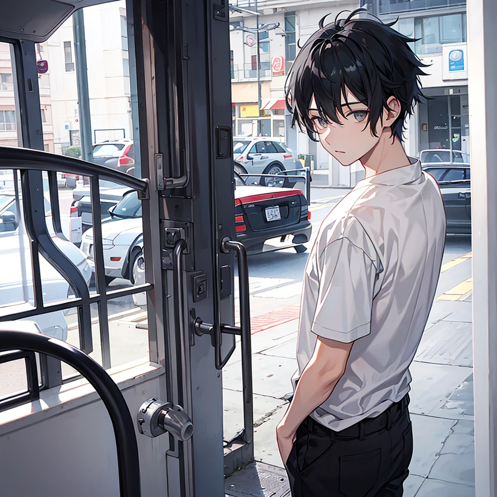 black hair, gray eyes, male,
