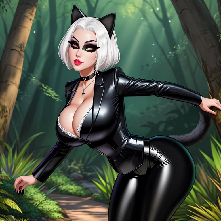 plush doll, feminine, giant breasts, giant butt, curvy, thick thighs, feminine appearance, short stack, sexy, pretty, goth, ultra-detailed eyes, 8k, good quality, white hair, masquerade mask, business suit, blazer, secretary, necklace, choker, bimbo, elegant, standing, dark makeup, evil, villainess, 1girl, front facing, beauty mark, detailed face, lace pants, frilly black blouse, platform heels, augmented butt, augmented breasts, butt implants, breast impants, lip fillerm forest background, double breasted suit, black cat ears, black cat tail, mole on breast