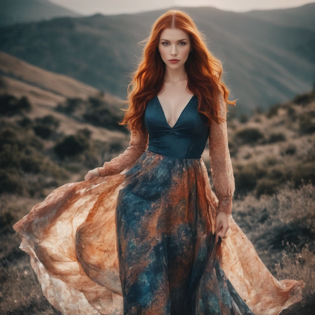 The most beautiful red haired girl big breasts in dress with mashup orange, yellow and red color on the dress, elegant dress, fire dress, dress with three colors, unique, magic dress, vibrant red hair and flame dress
