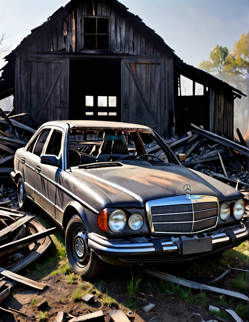 close-up of a 2013 dark gray mercedes benz c class car destroyed by fire, parked on the outskirts of a barn cabin in the countryside, which was destroyed by fire, (close-up of the car), dark fantasy paper 70s style, with intense German romantic style painting. Shadows and spectacular lighting.