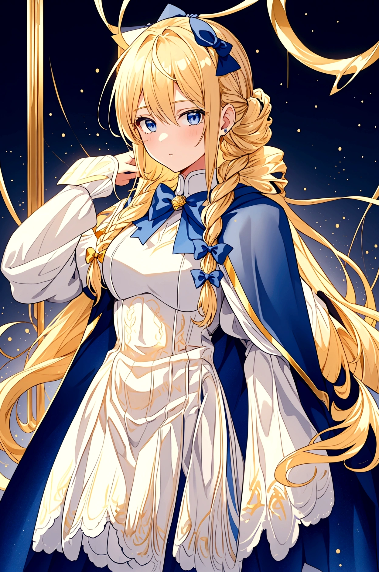 17 years old young girl with long golden blonde hair and dark blue eyes. hair is tied up on both sides of her head and in a long braid with a white lace bow tied at the end. very white skin and wears gold armor gold over a dark blue uniform with a blue cape, as well as white leather boots and a blue and white skirt.