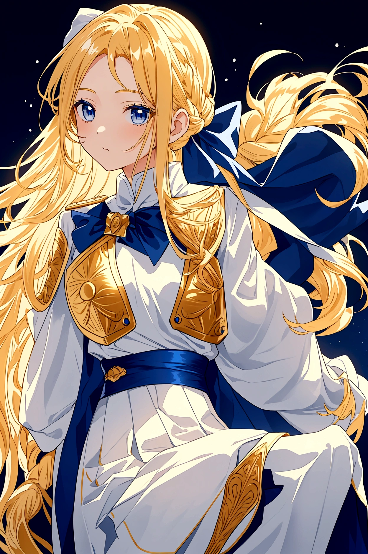 young girl with long golden blonde hair and dark blue eyes. hair is tied up on both sides of her head and in a long braid with a white lace bow tied at the end. very white skin and wears gold armor gold over a dark blue uniform with a blue cape, as well as white leather boots and a blue and white skirt.