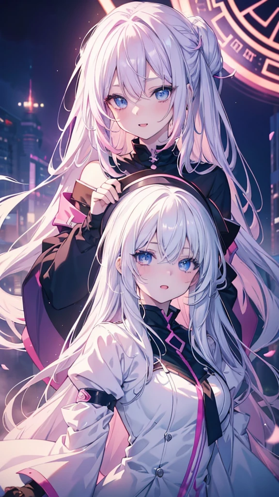 2 anime girl: 1 with blue eyes and white hair and 1 with pink eyes and pink hair, beautiful anime girls, zerochan art, digital art on pixiv, guweiz on pixiv artstation, nightcore, pixiv, anime girls, trending on artstation pixiv, beautiful anime art style, beautiful anime artwork, (ultradetailed eyes), Dramatic, superfine illustration, Extremely detailed, two girl in,teenager, (pale skin), long white hair, Ethereal eyes, Blue eyes,blush,Smile, Happy, Laugh, Enjoy, Open mouth, Pouty lips,Cinematic lighting, Looking at Viewer
