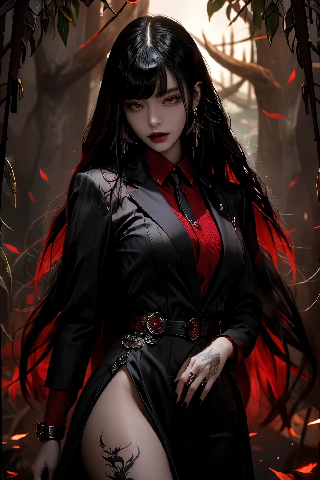 "Transport yourself to a world of fantasy and wonder with this visually striking digital artwork. A mysterious woman with long red hair and a captivating black outfit stands amidst a lush forest, her body adorned with intricate tattoos that seem to come to life under the glowing sun."