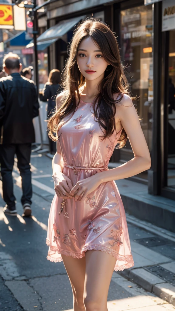 8K, UHD, MAsterpiece, best quality, 1 girl, (realistic face), happy pace, very long hair, small breasts, decorated dress, very beautiful ornaments dress, pink color, lace, mesh dress, sardine, loops, ipllers, depth of field, cinematic lighting, chromatic aberration, motion blur, glowing light, god rays, ray tracing, reflection light, light from the front, knee short, standing, Crossing legs while standing, Hand on hip, Frown