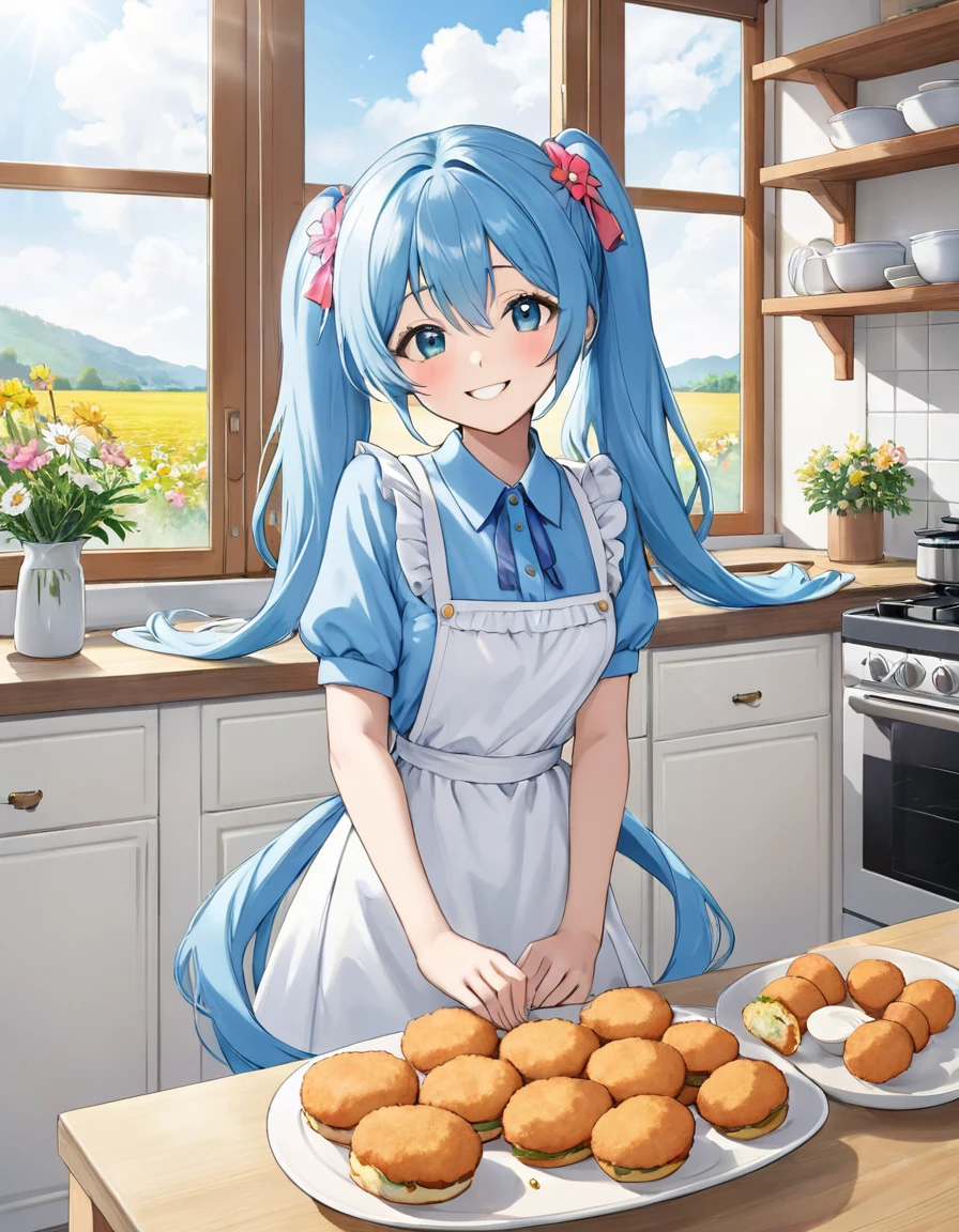 Light blue long hair、Beautiful girl with twin tails、Bright kitchen、Outside the window you can see a flower field、Making croquettes happily、Bright smile、