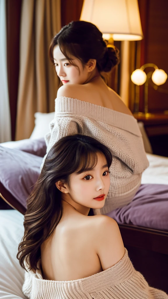 best quality ,masterpiece,ultra high res,(photo realistic:1.4), 1 girl, looking at viewer, Wearing oversized off-shoulder knit over lingerie, korean famous actress, very beautiful,kawaii, Cinematic, 35mm lens, f/ 1. 8, accent lighting, 8k, at luxury hotel