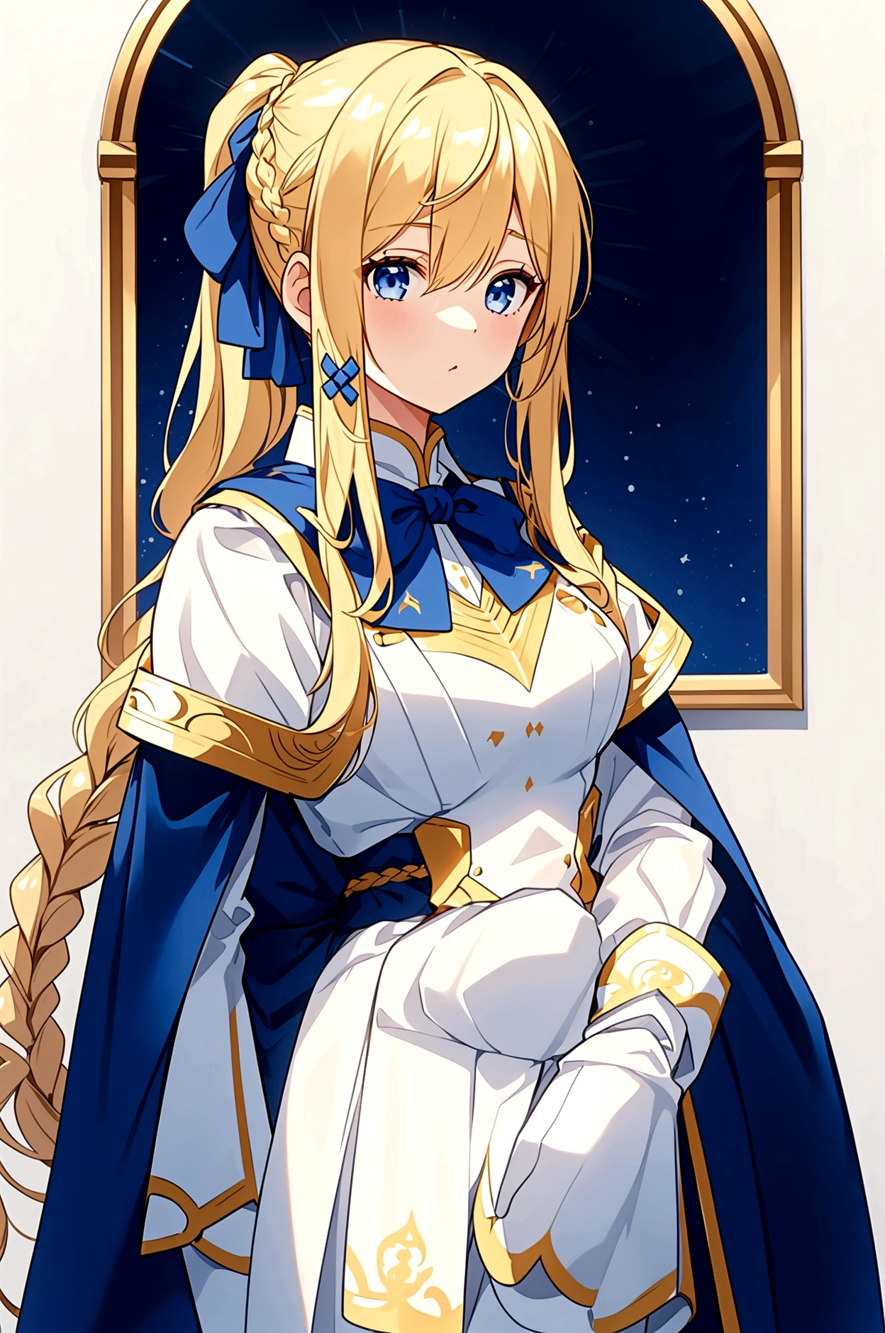 young girl with long golden blonde hair and dark blue eyes. hair is tied up on both sides of her head and in a long braid with a white lace bow tied at the end. very white skin and wears gold armor gold over a dark blue uniform with a blue cape, as well as white leather boots and a blue and white skirt.