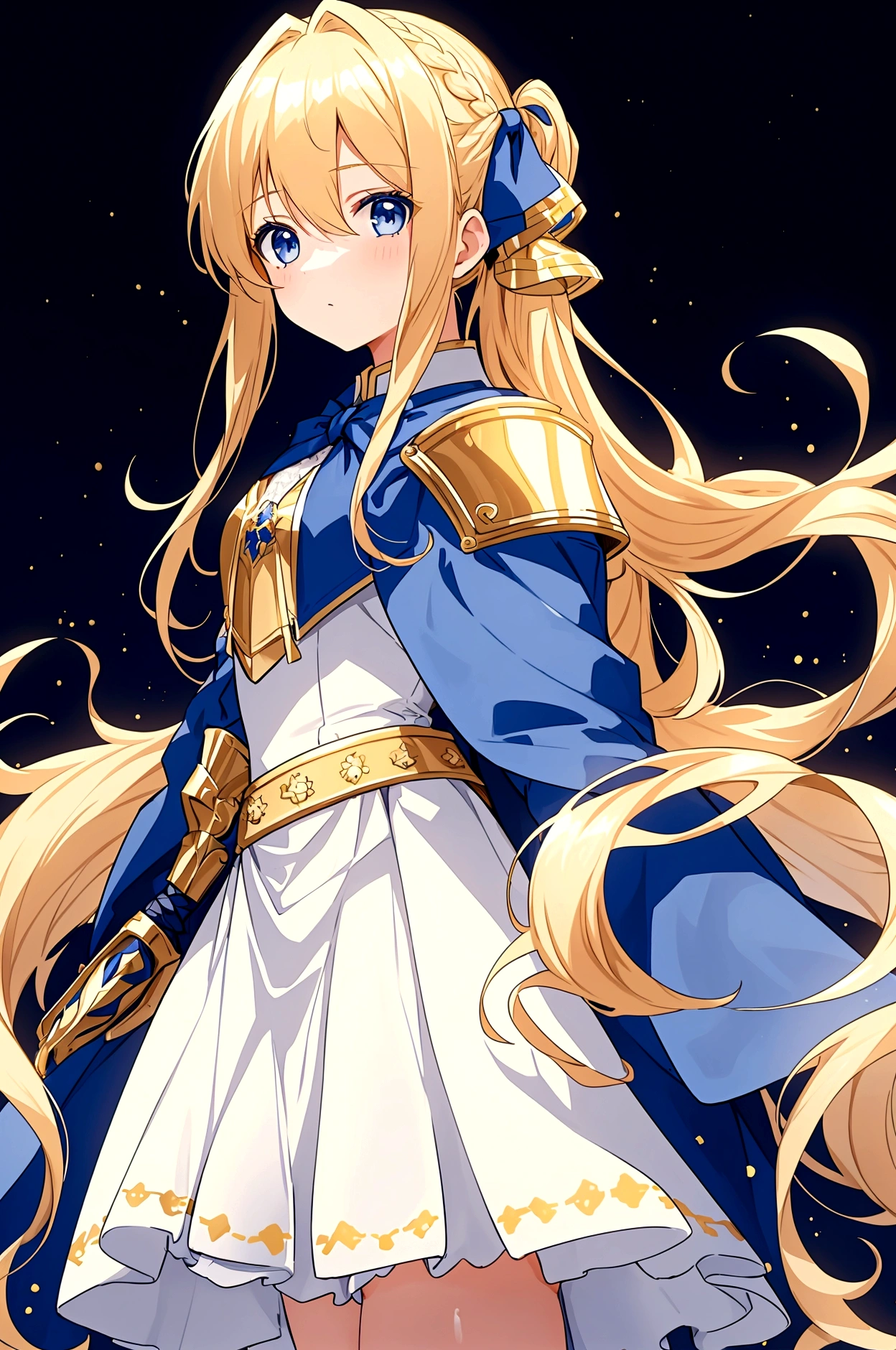 young girl with long golden blonde hair and dark blue eyes. hair is tied up on both sides of her head and in a long braid with a white lace bow tied at the end. very white skin and wears gold armor gold over a dark blue uniform with a blue cape, as well as white leather boots and a blue and white skirt.