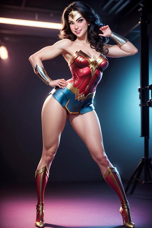Wonder woman, Portrait photo by Altgarm, realism style, Glowing skin, Cartoon hero, Natural light, Defined lips, Strong physical strength, Feminine body, Full body, viewer, (Smile:1.2), Depth of field f/1.8, studio shot, (((looking in camera))), Camera orientation, ellen von unwerth, (Sexy Pose:1.5))