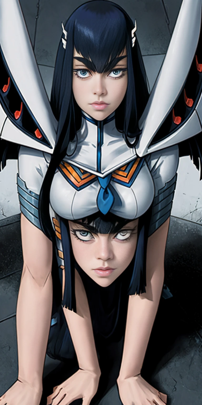 female Satsuki Kiryuin, Satsuki Kiryuin from Kill-la-Kill, mesh stockings, full height, bottom view, best quality, very detailed, ultra 8k resolution, 