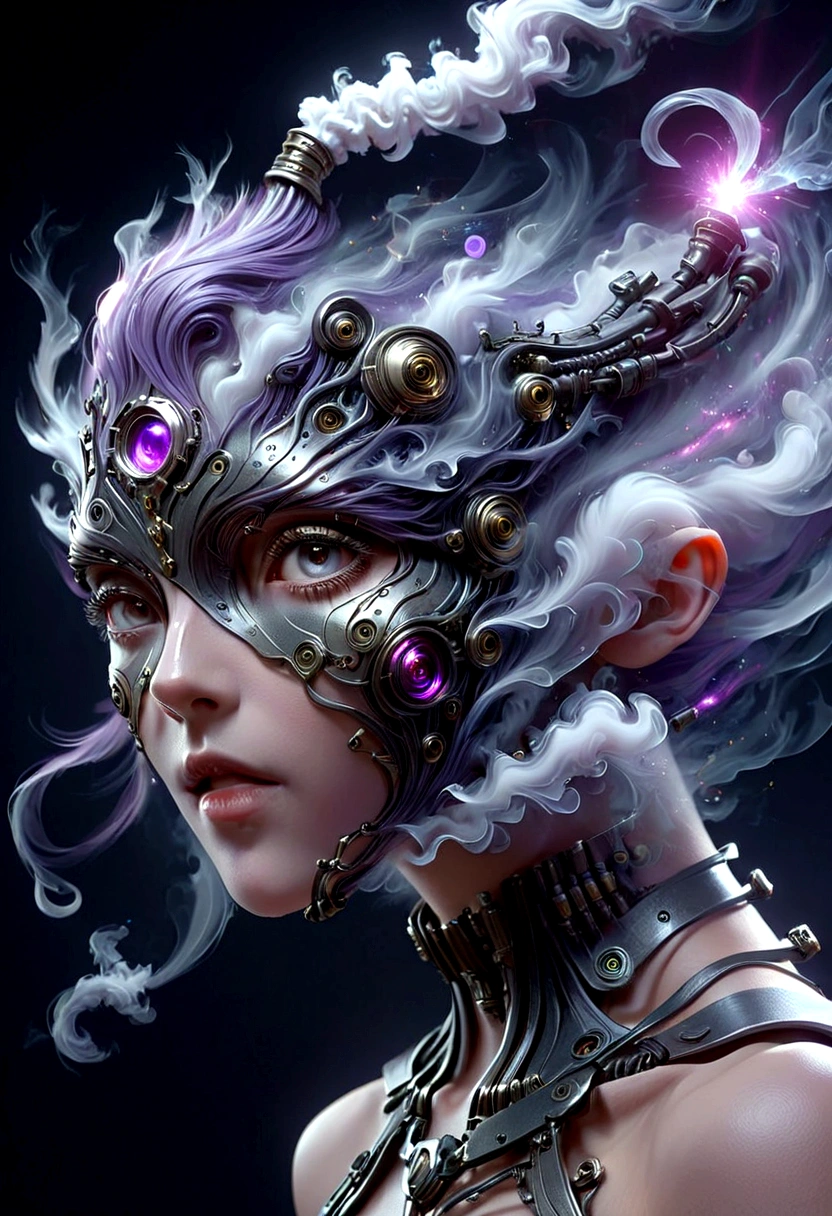 a beautiful woman ciborgue warrior in the Style-RustMagic, Aumento Cyberpunk, Ciberware, ciborgue, fibra de carbono, cromada, implantes, Metal skull, Cyber Plate Armadura, (atmosfera escura:1.2), (Mist & smoke), (noite escura:1.3), Cicatrizes, (shaggy medium length dark hair:1.1), (sombra:1.1), (brilho lindamente detalhado:1.2), (cinematic lighting), detalhe intrincado, high resolution, olhos arredondados, detailed facial features, sharp focus, suave, aesthetics, Dark industrial factory detailed background, pose elegante, Dynamic Posture, (Dramatic painting), (Opt-6000:0.9)