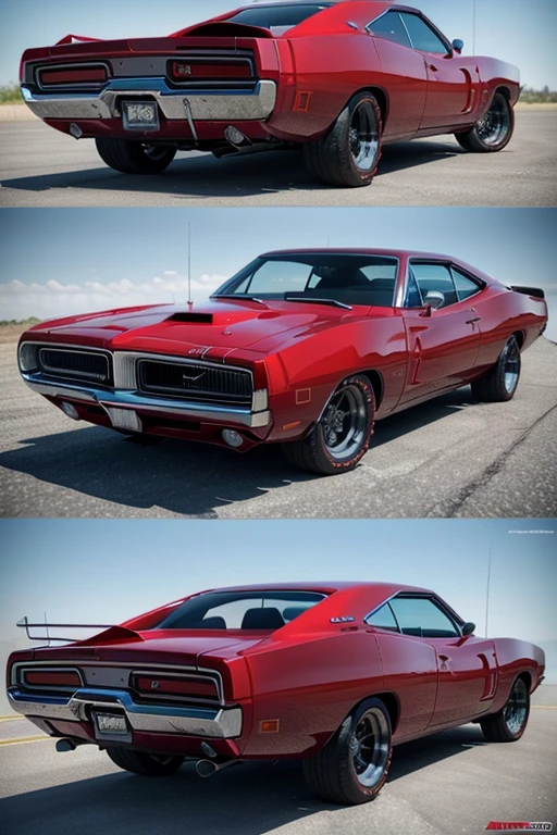 red 1970 dodge charger with big spoiler, motor para fora com body kit (realisitic, 3d)