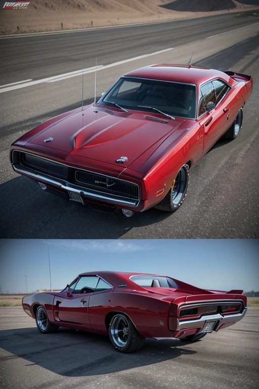 red 1970 dodge charger with big spoiler, motor para fora com body kit (realisitic, 3d)