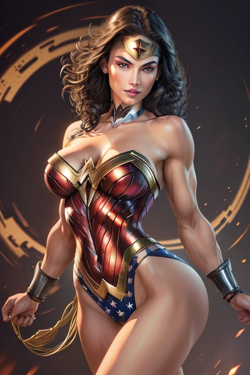 1woman, Wonder Woman, (intricate details, makeup), (delicate and beautiful delicate face, delicate and beautiful delicate eyes, perfectly proportioned face), delicate skin, strong and realistic blue eyes, realistic black hair, lips, makeup, natural skin texture, tiara, jewelry, star \(symbol\), leotard, bulletproof gauntlet, red boots, golden girdle, (public clothing: 1.5), bare shoulders, slightly sunburned complexion, mature, sexy, toned muscles, (muscles:1.2), ((strong and healthy body)), ((((more) muscles))), long legs, curves, (big breasts: 1.3), thin waist, soft waist, (delicate skin), (beautiful and sexy woman), (swollen lips: 0.9), very delicate muscles, standing,(realistic: 1.5), photorealistic, octane rendering, hyperrealistic, tight modeling, (photorealistic face: 1.2), thick eyelashes, long eyelashes, (curly dark hair: 1.1), best quality, half smile, (looking at the viewer), sharp focus, (4k), (masterpiece), (best quality), fantasy, extremely detailed, intricate, hyper detailed, (perfect face), illustration, soft lighting,(specular lighting:1.4), blue eyes, absurdly photorealistic, ultra high resolution, intricate, hyperdetailed, (skindentation), female, detailed body, (detailed face: 1.1), (outlined iris), (hydrocolor lenses), (perfect eyes), 4k, gorgeous, (masterpiece: 1.2), (best quality:1.2),