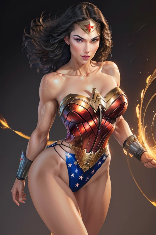 1woman, Wonder Woman, (intricate details, makeup), (delicate and beautiful delicate face, delicate and beautiful delicate eyes, perfectly proportioned face), delicate skin, strong and realistic blue eyes, realistic black hair, lips, makeup, natural skin texture, tiara, jewelry, star \(symbol\), leotard, bulletproof gauntlet, red boots, golden girdle, (public clothing: 1.5), bare shoulders, slightly sunburned complexion, mature, sexy, toned muscles, (muscles:1.2), ((strong and healthy body)), ((((more) muscles))), long legs, curves, (big breasts: 1.3), thin waist, soft waist, (delicate skin), (beautiful and sexy woman), (swollen lips: 0.9), very delicate muscles, standing,(realistic: 1.5), photorealistic, octane rendering, hyperrealistic, tight modeling, (photorealistic face: 1.2), thick eyelashes, long eyelashes, (curly dark hair: 1.1), best quality, half smile, (looking at the viewer), sharp focus, (4k), (masterpiece), (best quality), fantasy, extremely detailed, intricate, hyper detailed, (perfect face), illustration, soft lighting,(specular lighting:1.4), blue eyes, absurdly photorealistic, ultra high resolution, intricate, hyperdetailed, (skindentation), female, detailed body, (detailed face: 1.1), (outlined iris), (hydrocolor lenses), (perfect eyes), 4k, gorgeous, (masterpiece: 1.2), (best quality:1.2),