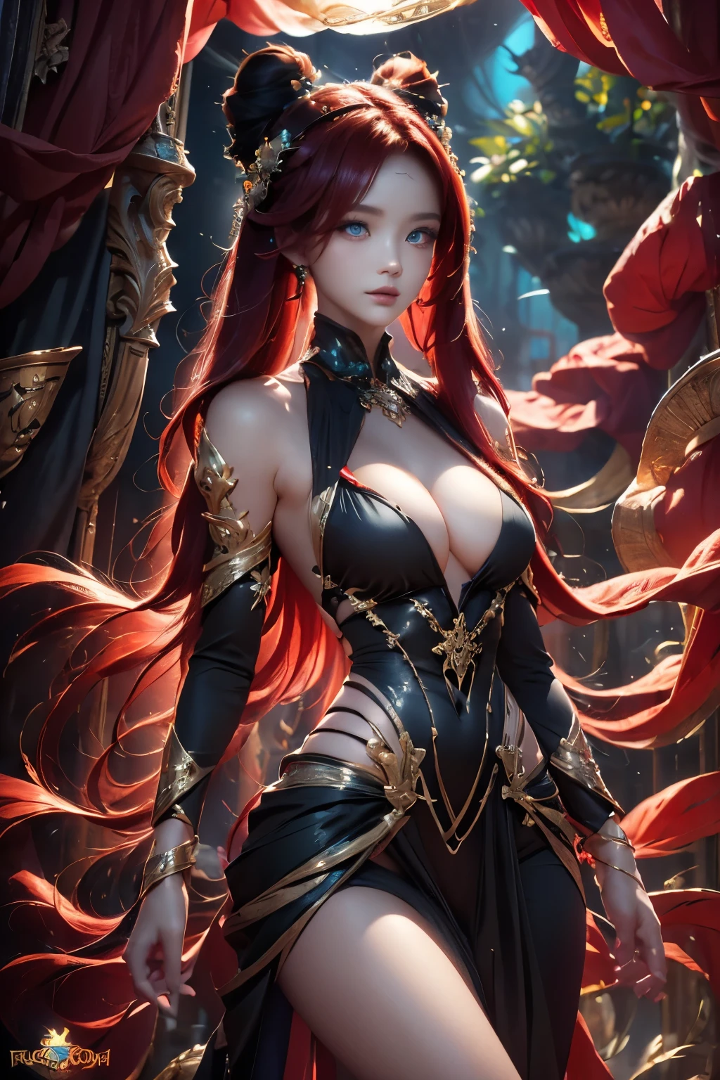 "Transport yourself to a world of fantasy and wonder with this visually striking digital artwork. A mysterious woman with long red hair and a captivating black outfit stands amidst a lush forest, her body adorned with intricate tattoos that seem to come to life under the glowing sun."