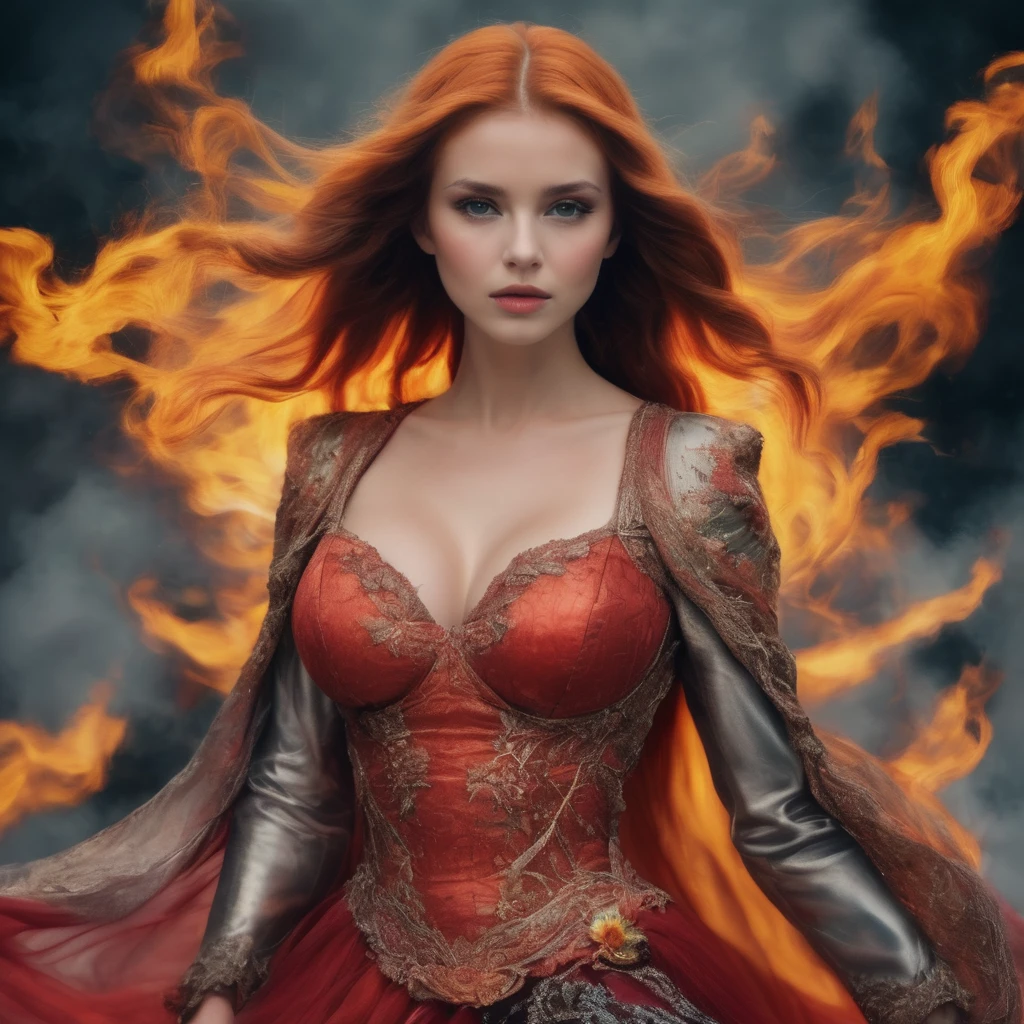 The most beautiful red haired girl big breasts in dress with mashup orange, yellow and red color on the dress, elegant dress, fire dress, dress with three colors, unique, magic dress, vibrant red hair and flame dress, dress with fire colors 