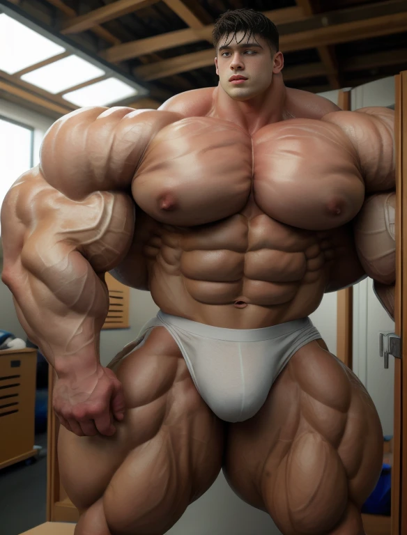 1boy, giant, alone, giant bodybuilder, wet, illuminating light, strong body, bulk, large size, stay in the locker room, indoor, hand on hip, , white triangular underwear, massive bulge, extraordinary big, brutalmass, giant muscular body, bulk, buff, massive body, large meaty body size, extremely wide body,