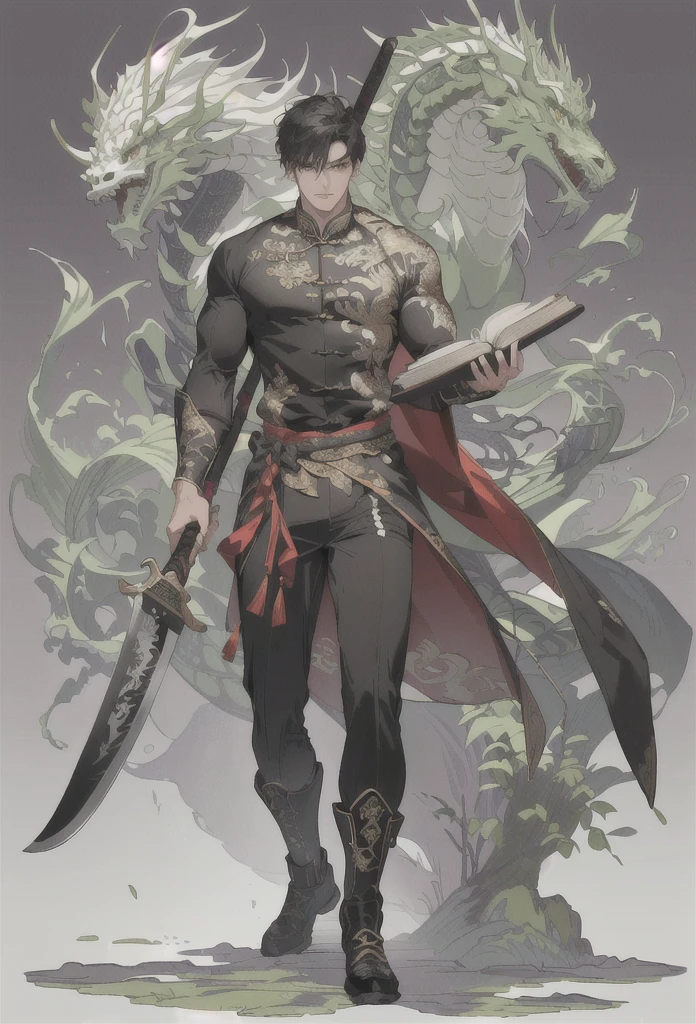 (Extremely complex and exquisite details，masterpiece，Highest quality，Full body picture of a strong, masculine and handsome man with short black hair，Modern sports tight clothing，Strong handsome masculine style，Holding a stick with a machete in his right hand，Holding book in left hand，Show muscle color)，correct anatomy，Very strong muscles，Exquisite Chinese dragon high contrast background，Broadsword