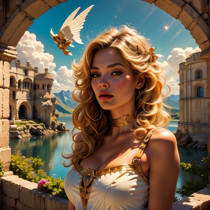 (Bust:1.65), halo above head, halo, aureola_Solo highly detailed and beautiful angel,(Center of angel's body_Symmetrical_White color_Delicately detailed angel wings:1.5),Exquisite and detailed facial features,(Beautiful blonde curly hair:1.4),Highly detailed face and hair,Long eyelashes,Beautifully detailed eyes,Beautifully detailed lips,Thin translucent flowing_White_elegant dress,Glowing aura,Stunning landscape of heavenly scenery,Rolling hills,Lush meadows and sparkling lake,(Highest quality,4k,8k,High resolution,Masterpiece:1.2),Ultra detailed,(Realistic,Photorealistic,Photorealistic:1.37),HDR,UHD,Studio lighting,Ultra fine painting,Sharp focus,Physically based rendering,Extreme detail description,Professional,Vivid colors,Bokeh,Scenery,Peaceful,Idyllic,Golden hour lighting,Dramatic sky,Fluffy clouds,Reflecting lake,Vibrant greenery,Wildflowers,Ancient castle,Medieval architecture