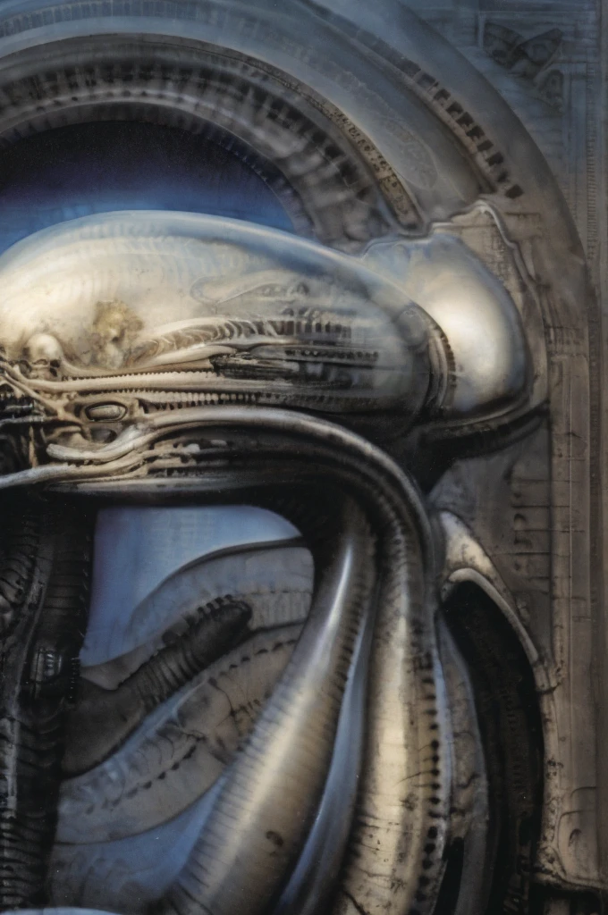 g1g3r, Giger_style, The image is a detailed view of H.R. Giger's \" Li II \" plate, featuring a complex network of bones and organs in a purple-brown hue ,swirling gray and brown colorsgroup of three alien figures positioned in the foreground. Emaciated and skeletal, with hollow eyes, they appear to be constructed from bone and metallic elements, a characteristic fusion of organic and mechanical forms found in Giger's biomechanical art.
The image features a robotic humanoid figure with intricate mechanical details, standing in a room with a glowing screen displaying the word \"EVE\" and a hand reaching out to touch its face. The background is a dark and limited space painted in a uniform blue-green color. This lack of detail keeps the focus on the figures and creates a sense of mystery about their environment. Receding into the distance are a series of arches and tunnels that hint at a larger biomechanical landscape, possibly the work of the creatures themselves The artwork is silver and purplish brown, with an ivory bones prominently displayed. The image is highly detailed and intricate, almost like a 3d version of a medical diagram (detailed view of an anatomy model, possibly of a human body, with transparent organs and bones exposed). The piece has a thick mechano-organic texture and is covered in fine details. The image has a swirling, organic quality to it. The artistic manner would be unmistakably Gigeresque. A dark and unsettling beauty would permeate the piece, blurring the lines between fascination and repulsion , forever haunted by the grotesque allure. Giger's signature artistic manner would be evident in every stroke. The airbrush would be wielded with masterful precision to create a hyperrealistic yet nightmarish aesthetic.., ooze soaked pajama top