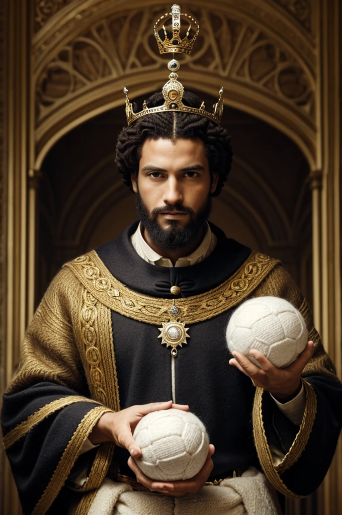 A king with a crown grabs a ball of wool