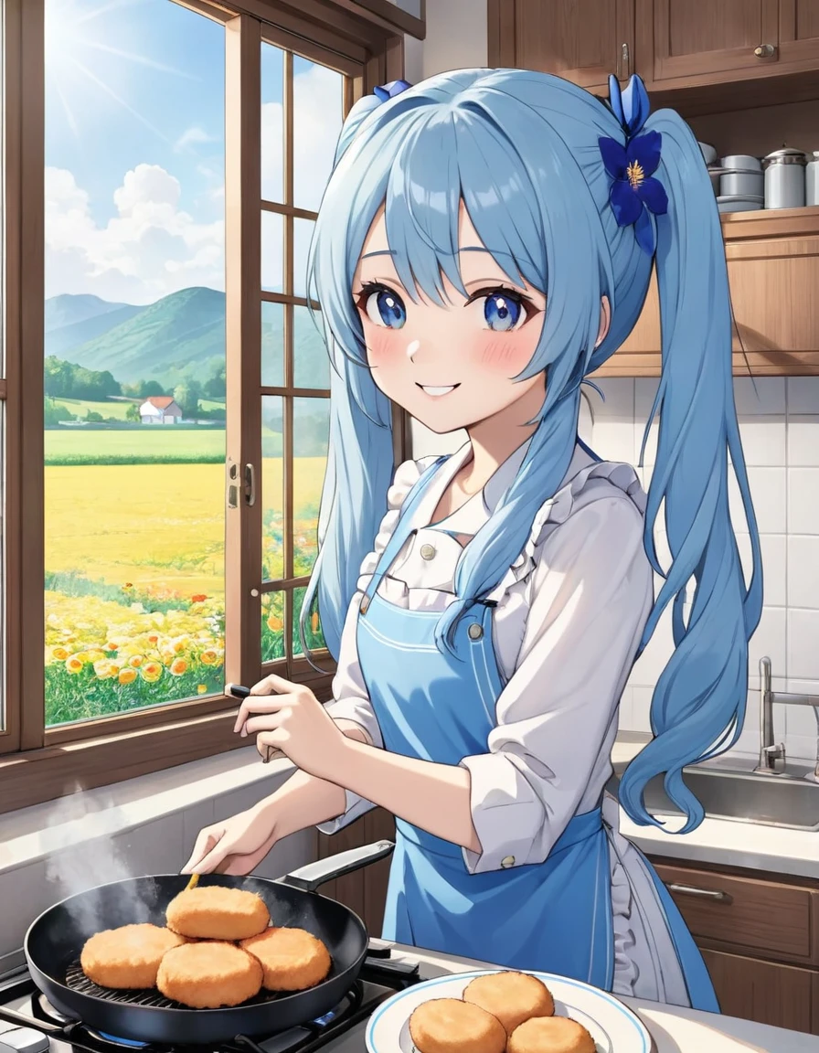 Light blue long hair、Beautiful girl with twin tails、Bright kitchen、Outside the window you can see a flower field、They are frying croquettes with great enthusiasm.、Bright smile、