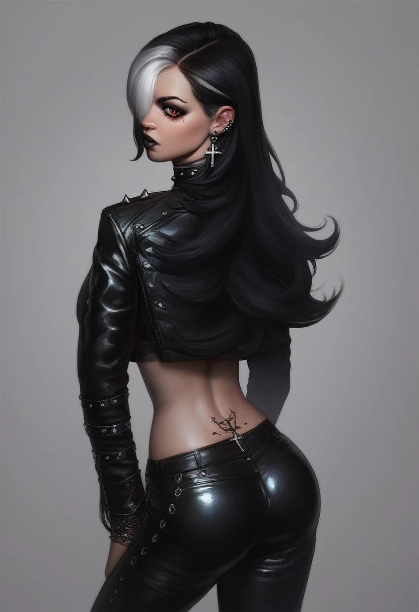 core_9, score_8_up, score_7_up, 1girl, goth girl, back view, round butt, solo, long hair, large breasts, looking at viewer, black hair, multicolored hair, white hair, long sleeves, navel, jewelry, earrings, midriff, pants, necklace, hair over one eye, black eyes, crop top, grey eyes, tattoo, makeup, black pants, cross, gothic, black leather, leather jacket, red eyes, leather boots, red light concept art, realistic expressiveh, very thick, shiny skin,oily skin,