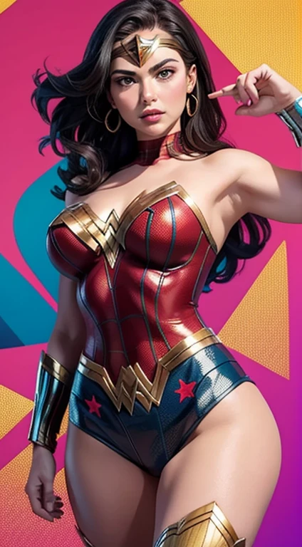 Wonder Woman (big tits) in the style of Spider-Man, masterpiece, best quality, abstract, psychedelic, neon, (honeycomb pattern), (creative:1.3), sy3, SMM, fantasy00d
