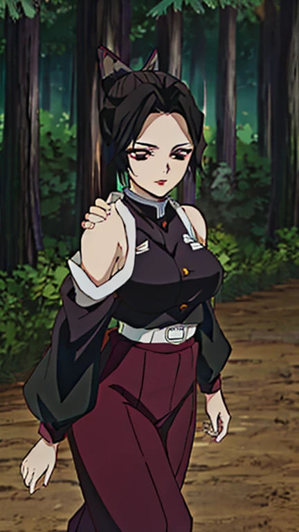 (Superior quality, 8k, high resolution, Masterpiece: 1.2), Animated art style, 1 girl, Perfect face, Perfect eyes, soft and serious expression, medium breasts, black hair, well divided bangs, Natural Lips, wide, hair tied in a high ponytail with a red bow, Straight hair, black eyes, geisha style red eye shadow ((demon slayer clothes, long pants, In the woods, with a crow on his shoulder,)), viewer appreciation,
