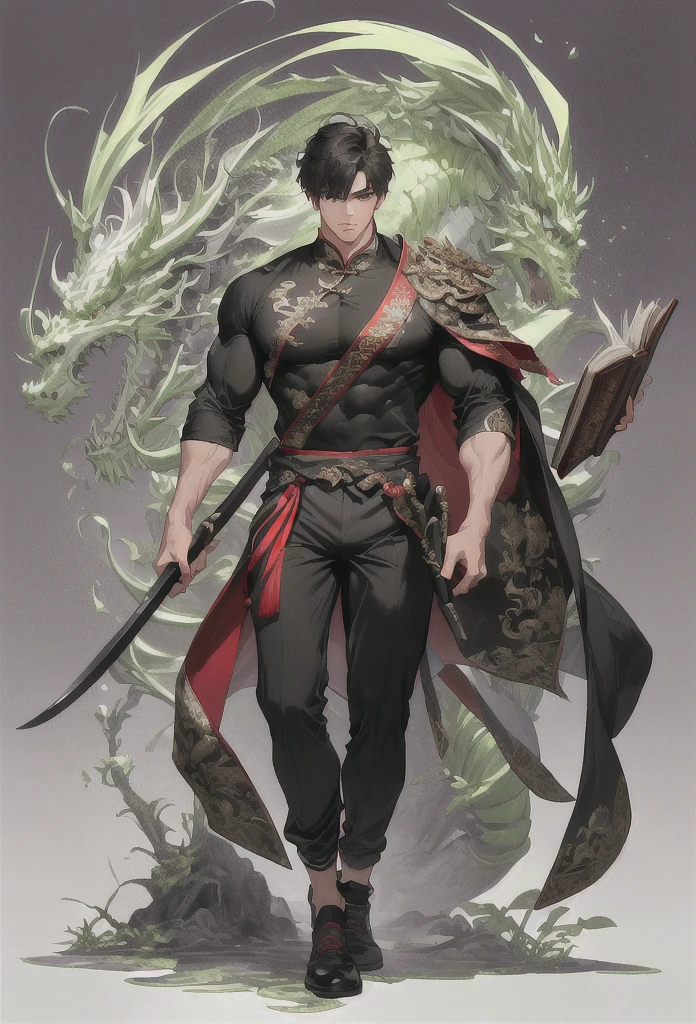 (Extremely complex and exquisite details,masterpiece,Highest quality,Full body picture of a strong, masculine and handsome man with short black hair,Modern sports tight clothing,Strong handsome masculine style,Holding a stick with a machete in his right hand,Holding book in left hand,Show muscle color),correct anatomy,Very strong muscles,Exquisite Chinese dragon high contrast background,Broadsword