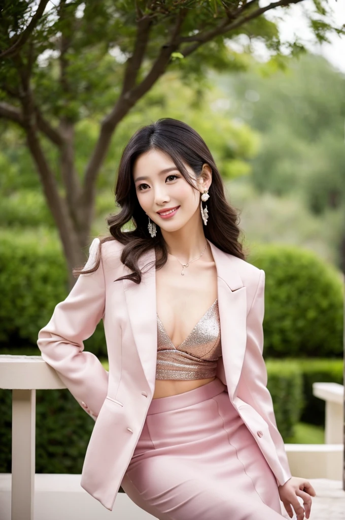 Wedding venue garden,President of import goods sales company,((full body)),((photo)),((best qualtiy, 8K, tmasterpiece:1.3)), Focus:1.2, perfect figure beautiful woman:1.4,1woman,cowboy shot,look at viewer,incredibly absurd, beautiful and cute woman with a photorealistic face, showcasing top-quality craftsmanship, A Japanese woman attending her sister's wedding at a wedding venue, 35 years old, long hair, straight black hair, shiny, silky hair that curls inwards, narrow double eyelids, long eyelashes, pronounced eyebrows, high nose, thin lips, white teeth, bright smile, smooth, honey-colored skin, thin neck, tall, glamorous, slender, F-cup breasts, pale pink suit, knee-length pencil skirt, high heels, diamond earrings and necklace, luxury brand watch, clutch bag, cigar, beautiful, lady-like, pretty older sister, celebrity-like, adult woman, intelligent, calm, kind, playful, sharp-tongued, soothing to those around, refined, elegant, June