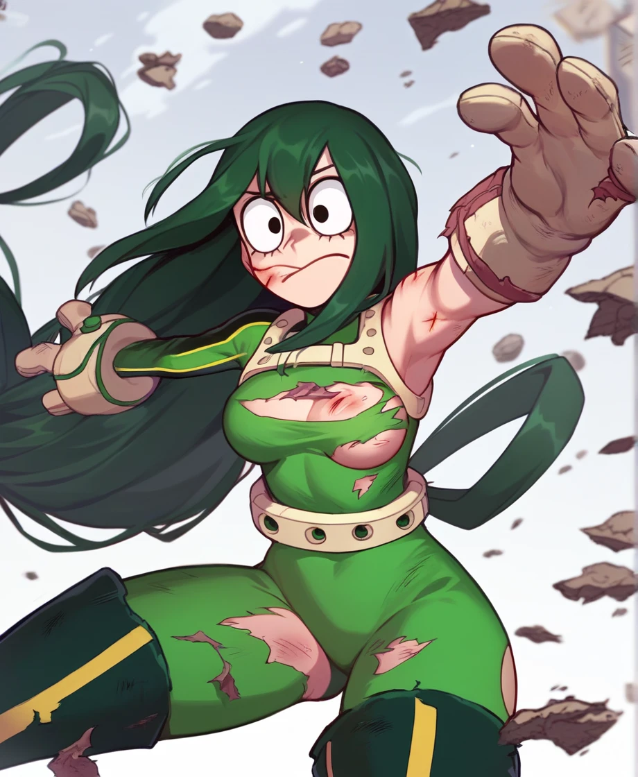 score_9_up, score_8_up, score_7_up, cowboy shot, 1girl, Asui Tsuyu\(boku no hero academia\), green hair, very long hair, low-tied long hair, tied hair, black eyes, wide hips, medium breasts, (torn clothes), (torn suit), (wounds on body), source_anime, anime style, (destroyed city), (annoyed), (nude), (wounds on face)