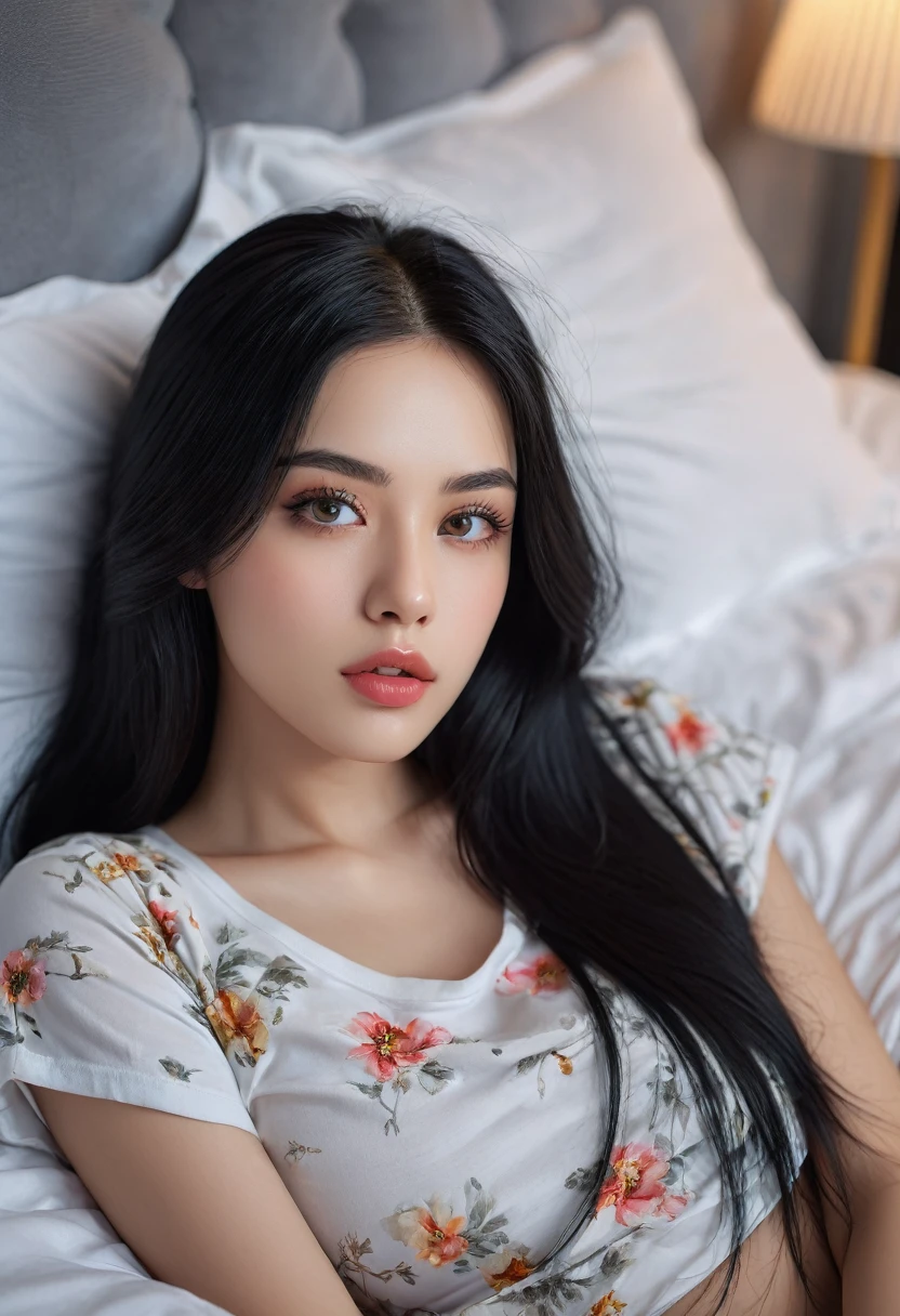 a beautiful young girl, 1.60cm, long straight black hair, beautiful detailed eyes, beautiful detailed lips, extremely detailed face, longeyelashes, beautiful body, full body shot, lying on bed, self-portrait, cabello negro, pijama corta, (best quality,4k,8k,highres,masterpiece:1.2),ultra-detailed,(realistic,photorealistic,photo-realistic:1.37),HDR,studio lighting,ultra-fine painting,sharp focus,physically-based rendering,extreme detail description,professional,vivid colors,bokeh,portraits