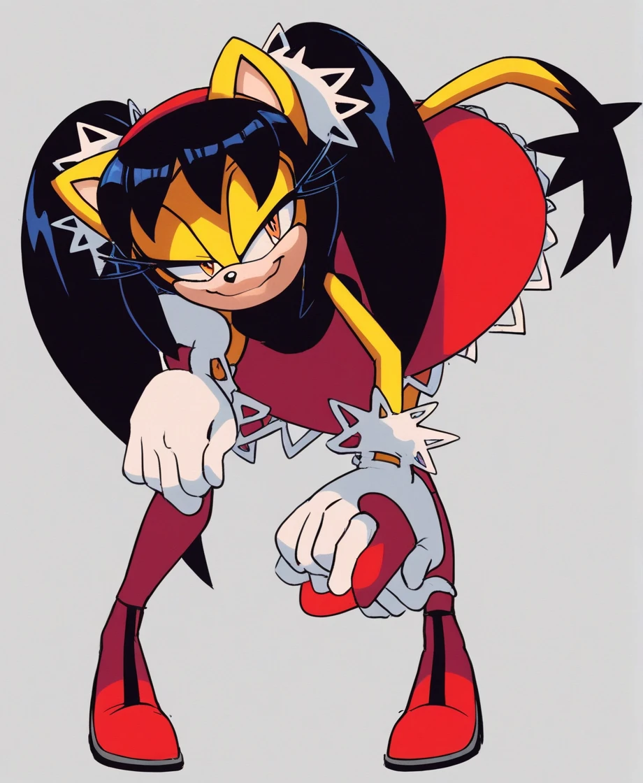 score_9, score_8_up, 2D, flat color, a plain white background with nothing in it, looking at viewer, 1girl, very detailed, extremely detailed, honey the cat from the sonic the hedgehog series, standing, full body, wide hips, narrow waist, curvy, red dress, frilly hair ties, (bent over), half-closed eyes, smug smile
