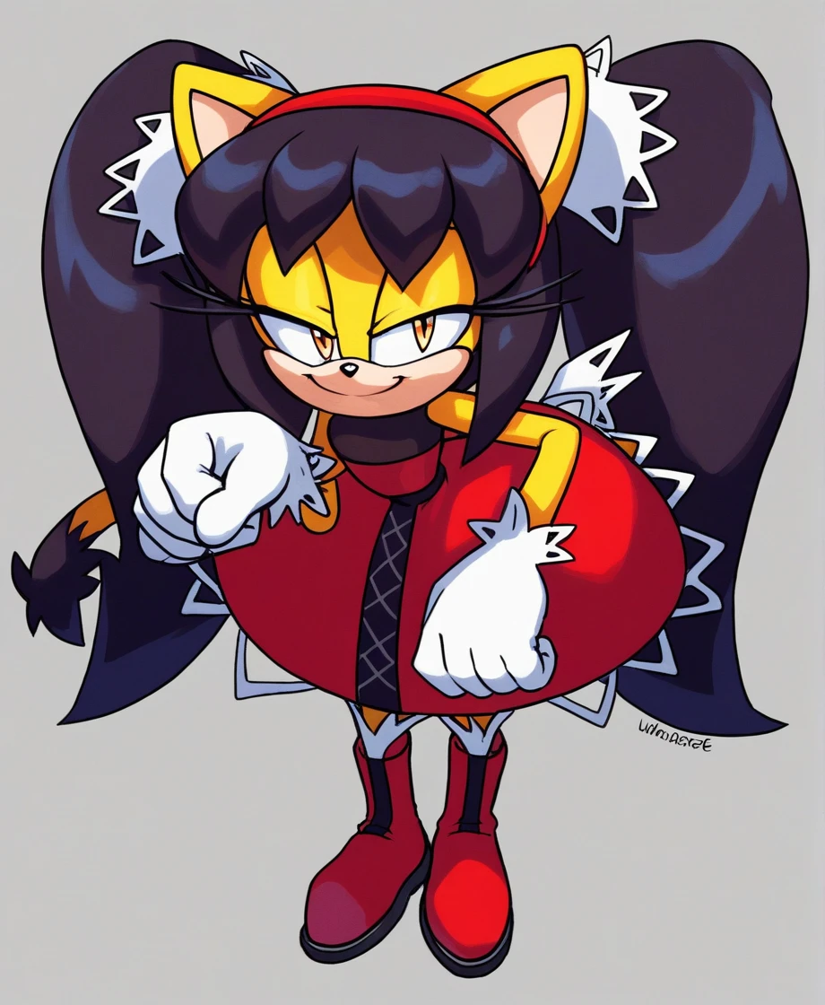 score_9, score_8_up, 2D, flat color, a plain white background with nothing in it, looking at viewer, 1girl, very detailed, extremely detailed, honey the cat from the sonic the hedgehog series, standing, full body, wide hips, narrow waist, curvy, red dress, frilly hair ties, (bent over), half-closed eyes, smug smile