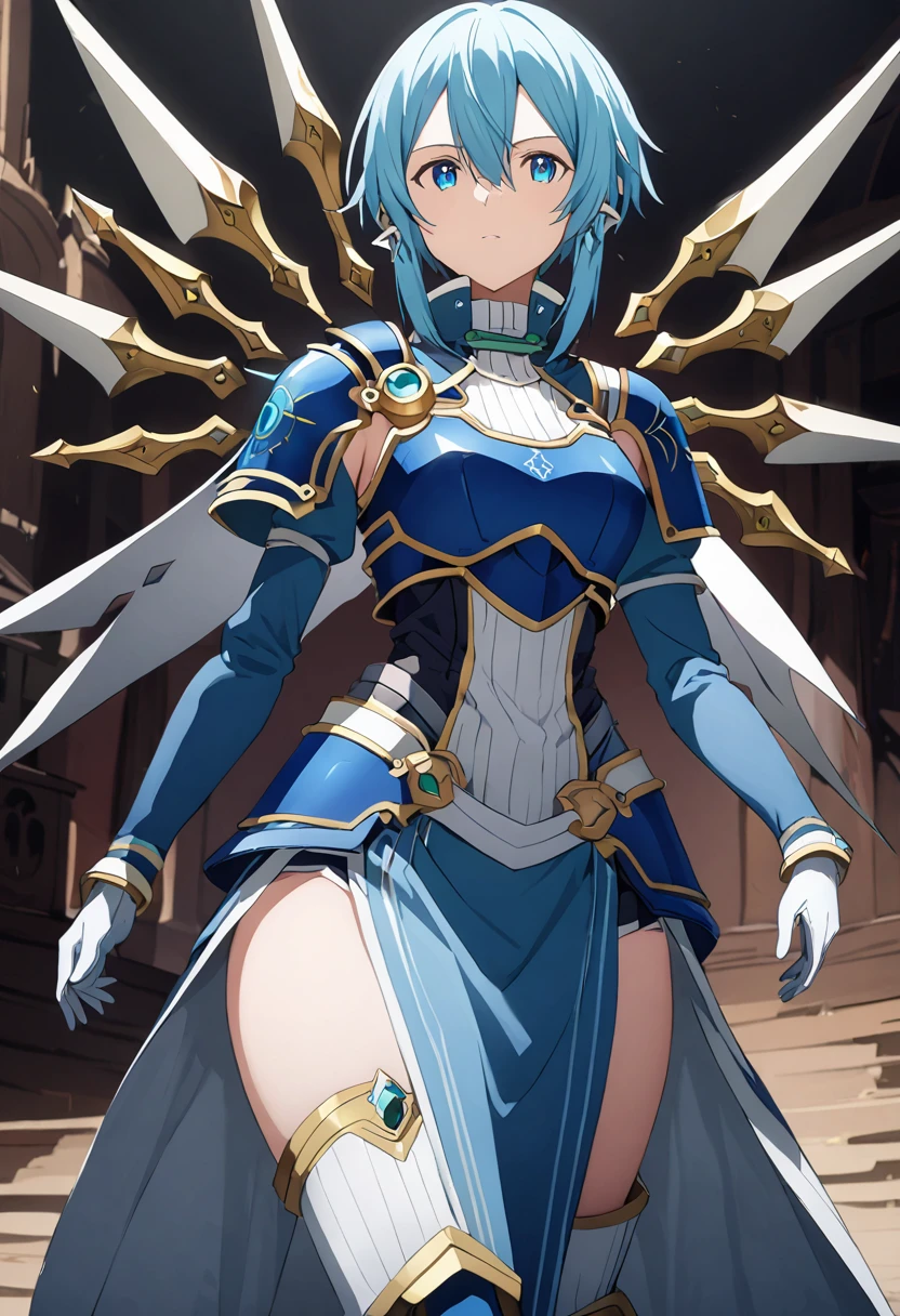 alone, 1 Girl, Androidsinonsolus, Shino Asada, short hair, bangs, blue eyes, hair ornament, hair between eyes, blue hair, sidelocks, slit pupils, gloves, long sleeves, wings, white gloves, armor, shoulder armor, breastplate, blue armor,, arms, Focus on women, Cape, armor, Androidization、Robotization, Handguard, Waist wrap skirt, breastplate, full armor，Thigh-heeled boots, Robot-like joints、Anatomically correct mechanical body　(((masterpiece)))， ((Highest quality))， ((Intricate details))　(8K)、Full Body Shot