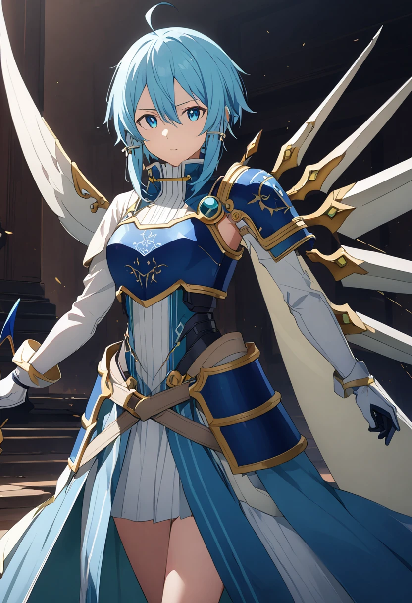 alone, 1 Girl, Androidsinonsolus, Shino Asada, short hair, bangs, blue eyes, hair ornament, hair between eyes, blue hair, sidelocks, slit pupils, gloves, long sleeves, wings, white gloves, armor, shoulder armor, breastplate, blue armor,, arms, Focus on women, Cape, armor, Androidization、Robotization, Handguard, Waist wrap skirt, breastplate, full armor，Thigh-heeled boots, Robot-like joints、Anatomically correct mechanical body　(((masterpiece)))， ((Highest quality))， ((Intricate details))　(8K)、Full Body Shot