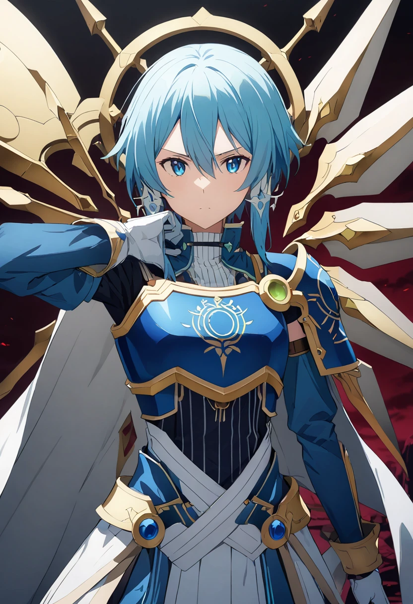 alone, 1 Girl, Androidsinonsolus, Shino Asada, short hair, bangs, blue eyes, hair ornament, hair between eyes, blue hair, sidelocks, slit pupils, gloves, long sleeves, wings, white gloves, armor, shoulder armor, breastplate, blue armor,, arms, Focus on women, Cape, armor, Androidization、Robotization, Handguard, Waist wrap skirt, breastplate, full armor，Thigh-heeled boots, Robot-like joints、Anatomically correct mechanical body　(((masterpiece)))， ((Highest quality))， ((Intricate details))　(8K)、Full Body Shot