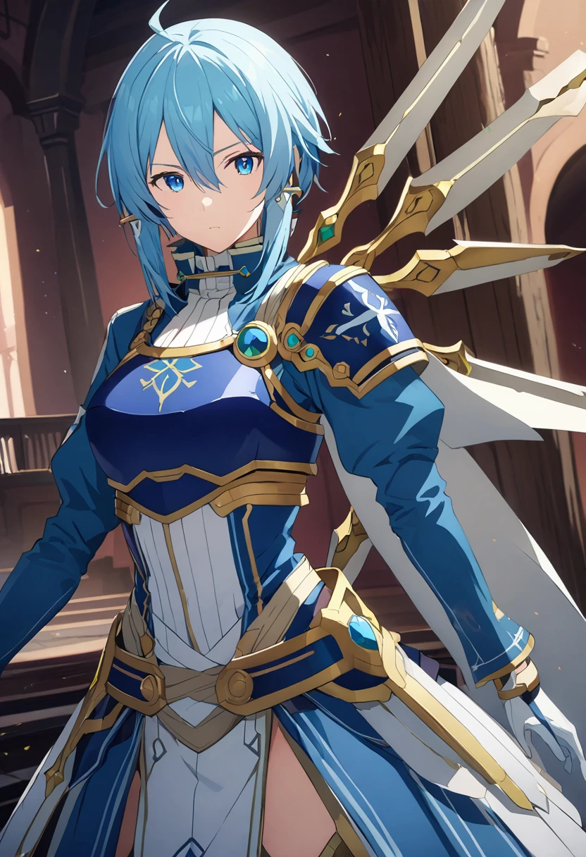 alone, 1 Girl, Androidsinonsolus, Shino Asada, short hair, bangs, blue eyes, hair ornament, hair between eyes, blue hair, sidelocks, slit pupils, gloves, long sleeves, wings, white gloves, armor, shoulder armor, breastplate, blue armor,, arms, Focus on women, Cape, armor, Androidization、Robotization, Handguard, Waist wrap skirt, breastplate, full armor，Thigh-heeled boots, Robot-like joints、Anatomically correct mechanical body　(((masterpiece)))， ((Highest quality))， ((Intricate details))　(8K)、Full Body Shot